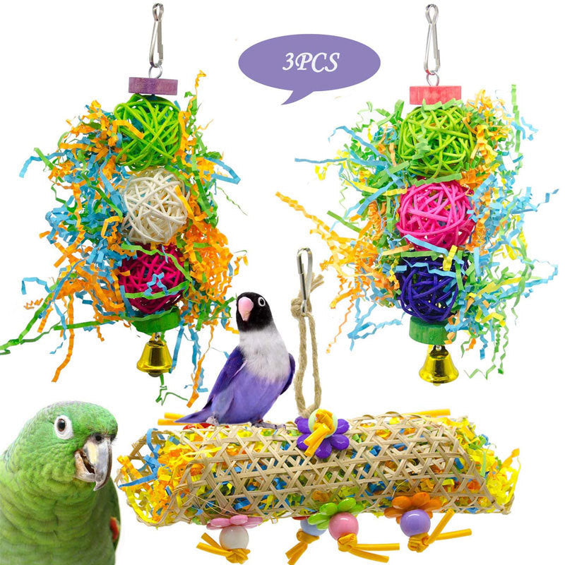 3pcs Bird Toy Parrot Gnawing Supplies Utensils Brushed Rattan Ball Grass Wooden Toys - Pets Crazy Shops