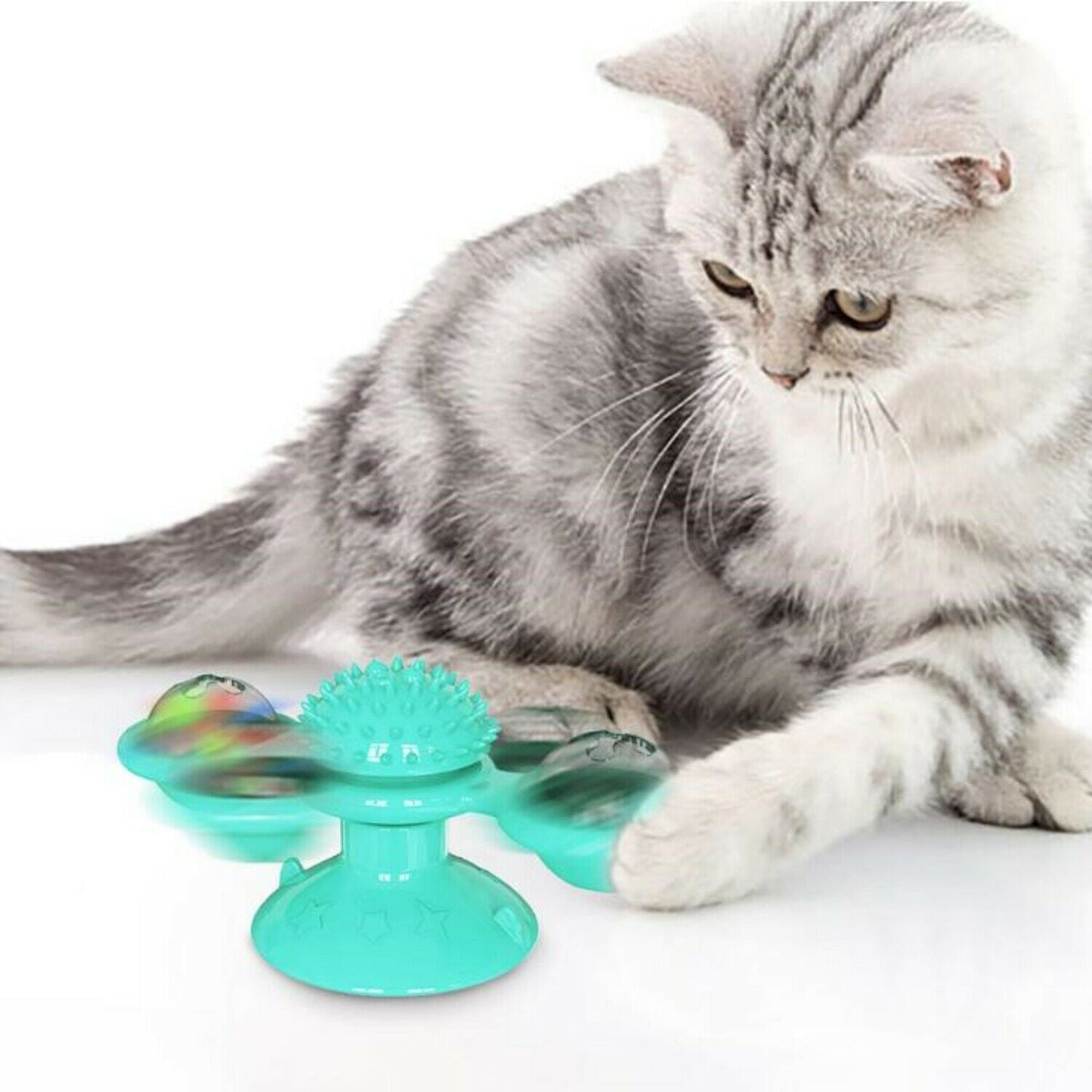 New Windmill Cat Toys Cute Rotating Interactive Cat Toy - Indoor Windmill Cat Toy With Suction Cup Catnip & Jagged Teeth Middle Ball, Smart Kitten Rotating Spinner Exercise Toy, Toothbrush & Massager - Pets Crazy Shops