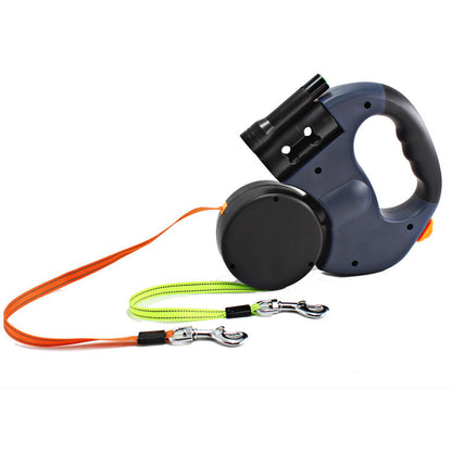 Dual Headed Pet Leashes with Flashlight Garbage Bag Box Automatic Retractable Dogs Traction Rope - Pets Crazy Shops