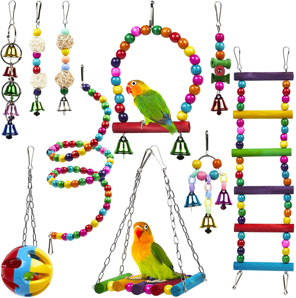 Parrot Combination Toy 10-Piece Set Wooden Bead Rotating Ladder Swing Stand Wooden Ladder Sepak Takraw Chewing Toy - Pets Crazy Shops