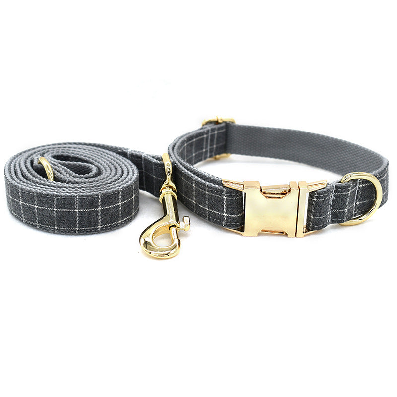 Grey Plaid Pet Products Dog Collar New Fashion Golden Metal Button Dog Collar - Pets Crazy Shops