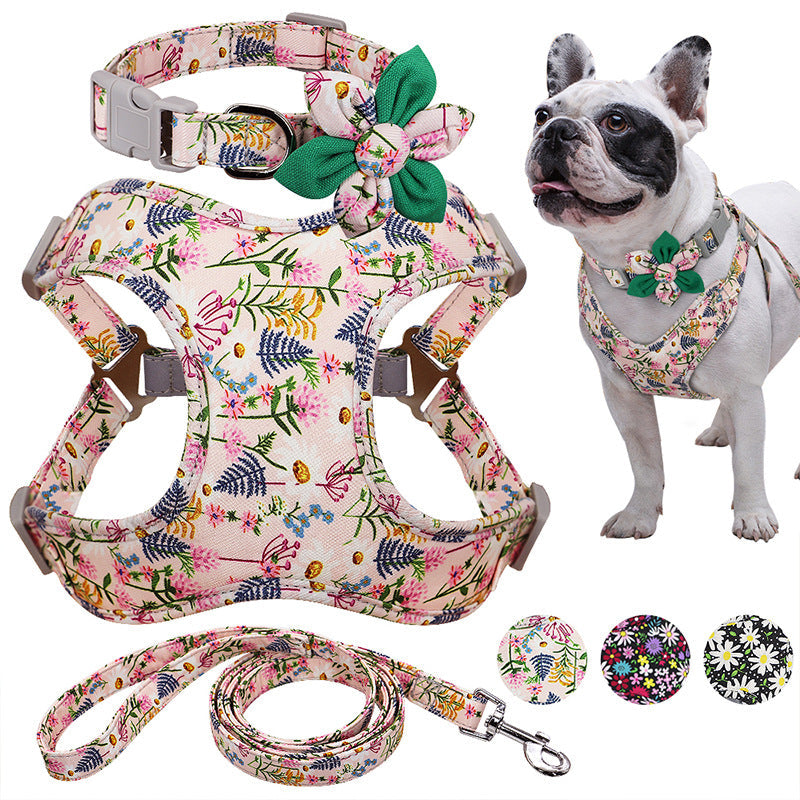 Flower Printed Dog Collar Harness Leash Set Nylon Small Medium Large Dogs Harness Vest Collar Leashes For Chihuahua Puppy Pet - Pets Crazy Shops