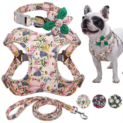 Flower Printed Dog Collar Harness Leash Set Nylon Small Medium Large Dogs Harness Vest Collar Leashes For Chihuahua Puppy Pet - Pets Crazy Shops
