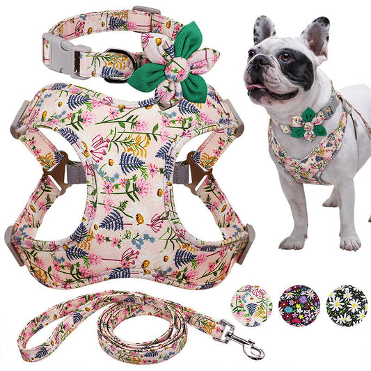 Flower Printed Dog Collar Harness Leash Set Nylon Small Medium Large Dogs Harness Vest Collar Leashes For Chihuahua Puppy Pet - Pets Crazy Shops