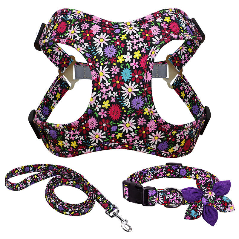 Flower Printed Dog Collar Harness Leash Set Nylon Small Medium Large Dogs Harness Vest Collar Leashes For Chihuahua Puppy Pet - Pets Crazy Shops