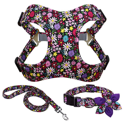 Flower Printed Dog Collar Harness Leash Set Nylon Small Medium Large Dogs Harness Vest Collar Leashes For Chihuahua Puppy Pet - Pets Crazy Shops