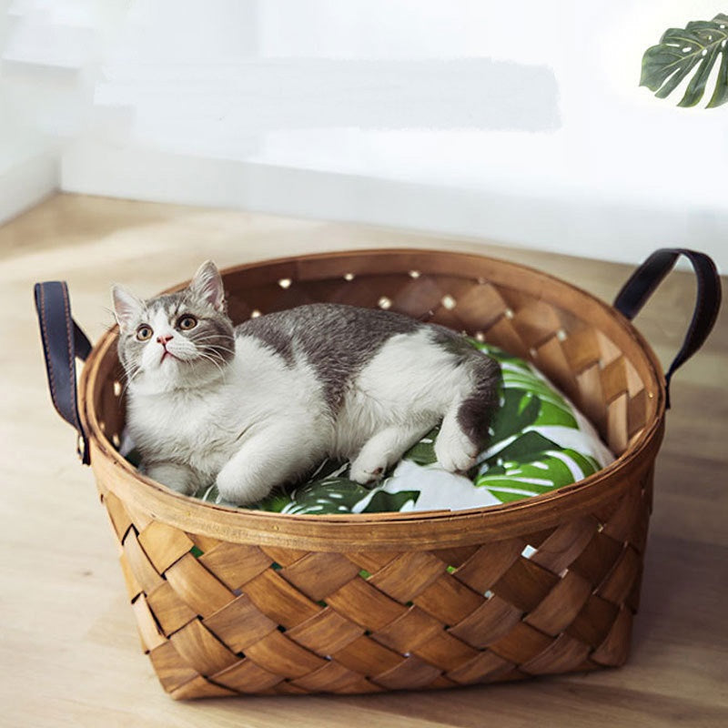 Bamboo Rattan Cat Bed House Kennel Nest Dog Bed Cat Tent Summer Dog Sofa Bed Cushion Pet Bed Cat House Dog House Cat Rug Teepee - Pets Crazy Shops