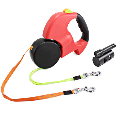 Dual Headed Pet Leashes with Flashlight Garbage Bag Box Automatic Retractable Dogs Traction Rope - Pets Crazy Shops