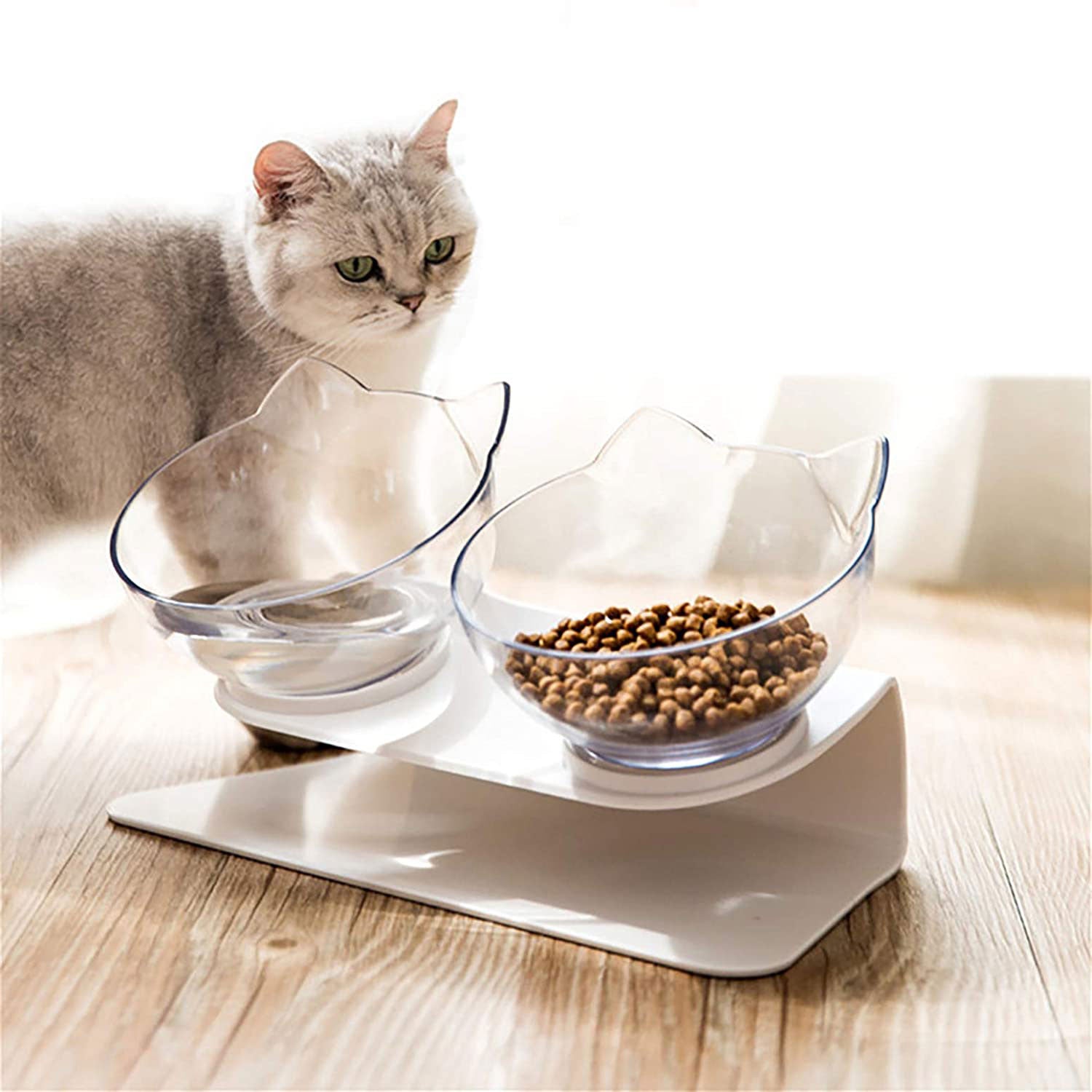Non Slip Double Cat Bowl With Raised Stand Pet Food Cat Feeder Protect Cervical Vertebra Dog Bowl Transparent Pet Products - Pets Crazy Shops