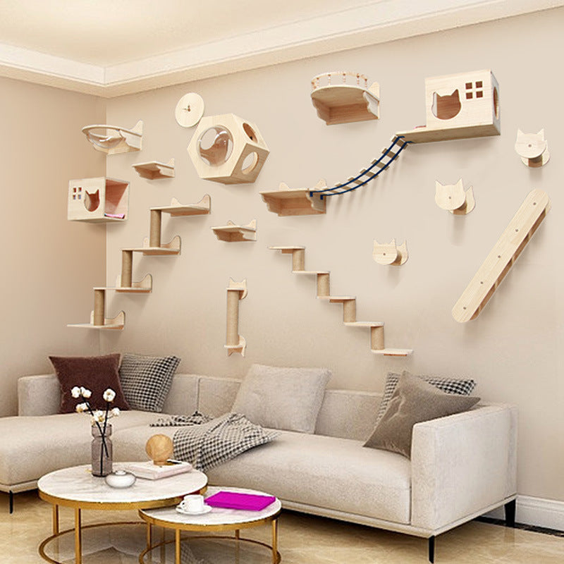 Pet Cat Climbing Frame Wall Type Solid Wood Wall Hanging Platform Ladder Pets Accessories - Pets Crazy Shops