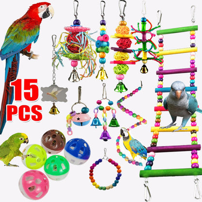 Parrot Combination Toy 10-Piece Set Wooden Bead Rotating Ladder Swing Stand Wooden Ladder Sepak Takraw Chewing Toy - Pets Crazy Shops