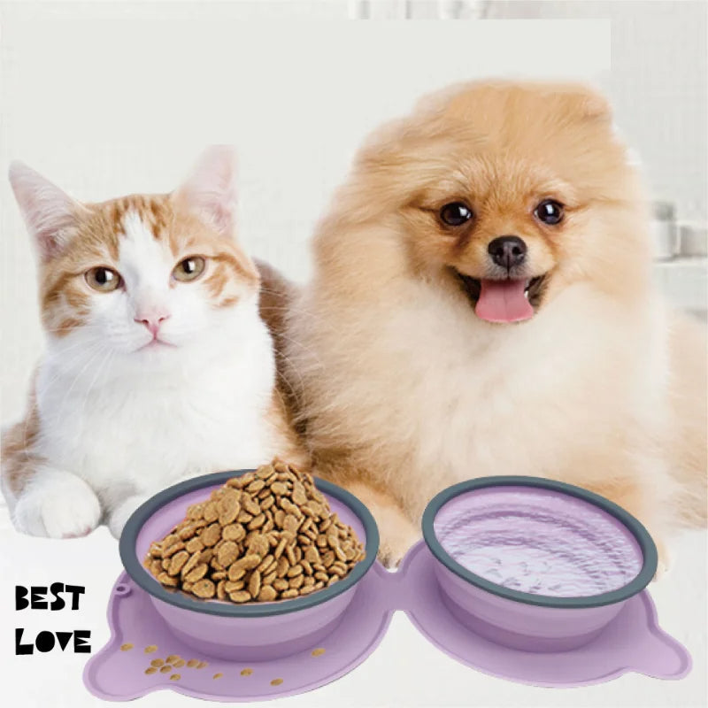 Portable Silicone Double Dog Food Bowls Foldable Non-Slip Cat Bowl Pet Travel Anti-Choking Feeding Bowl Outdoor - Pets Crazy Shops