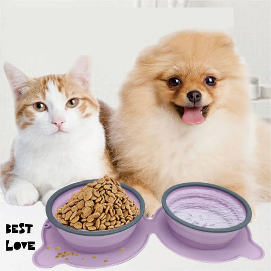 Portable Silicone Double Dog Food Bowls Foldable Non-Slip Cat Bowl Pet Travel Anti-Choking Feeding Bowl Outdoor - Pets Crazy Shops