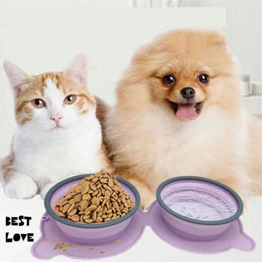 Portable Silicone Double Dog Food Bowls Foldable Non-Slip Cat Bowl Pet Travel Anti-Choking Feeding Bowl Outdoor  -  - Pets Crazy Shops -